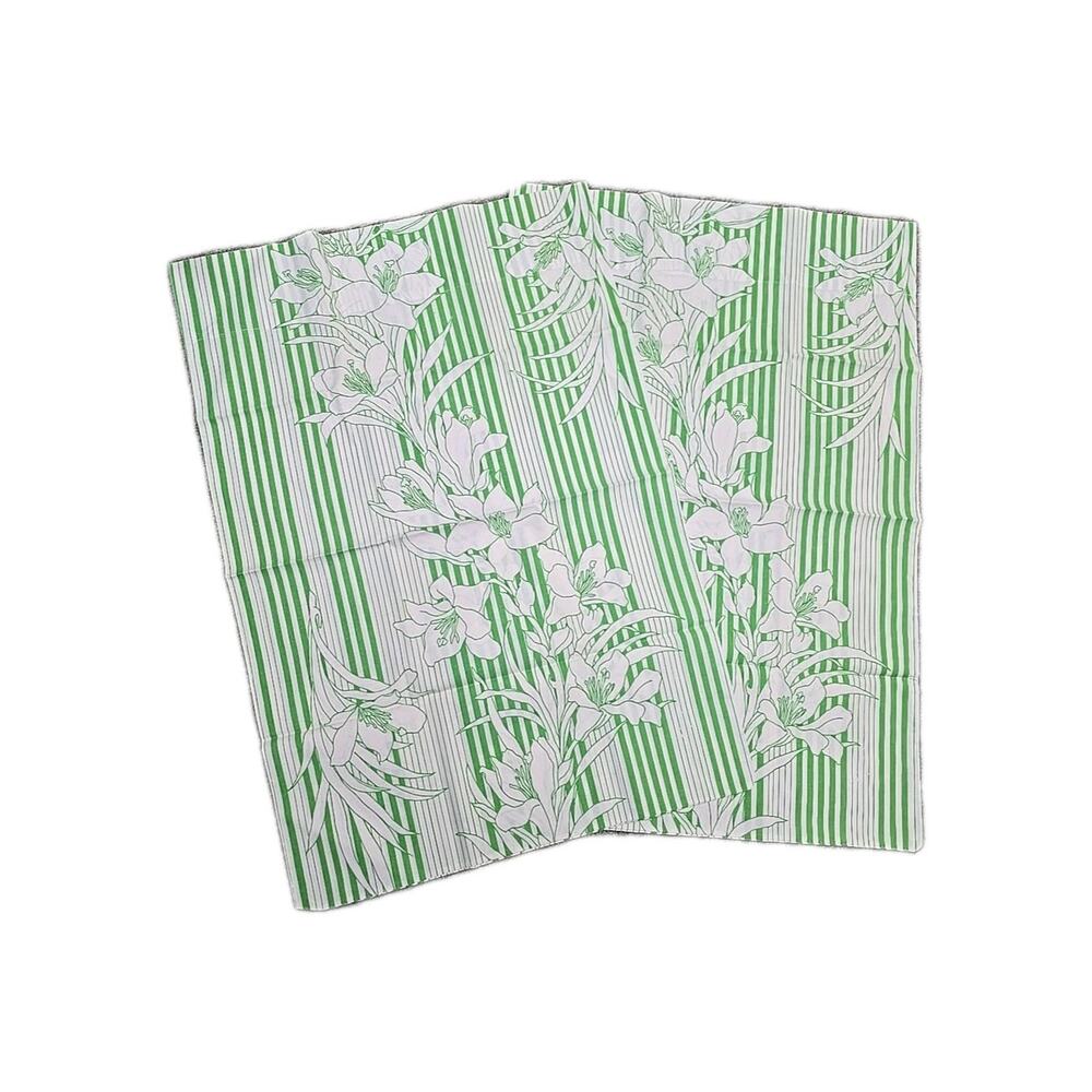 Lot of‎ 2 Vintage Martex Green White Floral Striped No-Iron Pillow Cases 42"x36"